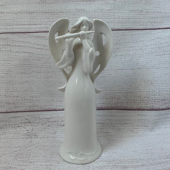 White Ceramic Angel Figurine Playing Flute Cutout Hole Wings Christmas 6 1/2"H - Picture 1 of 16